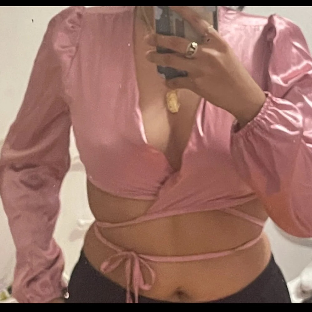 Pink silk blouse crop top